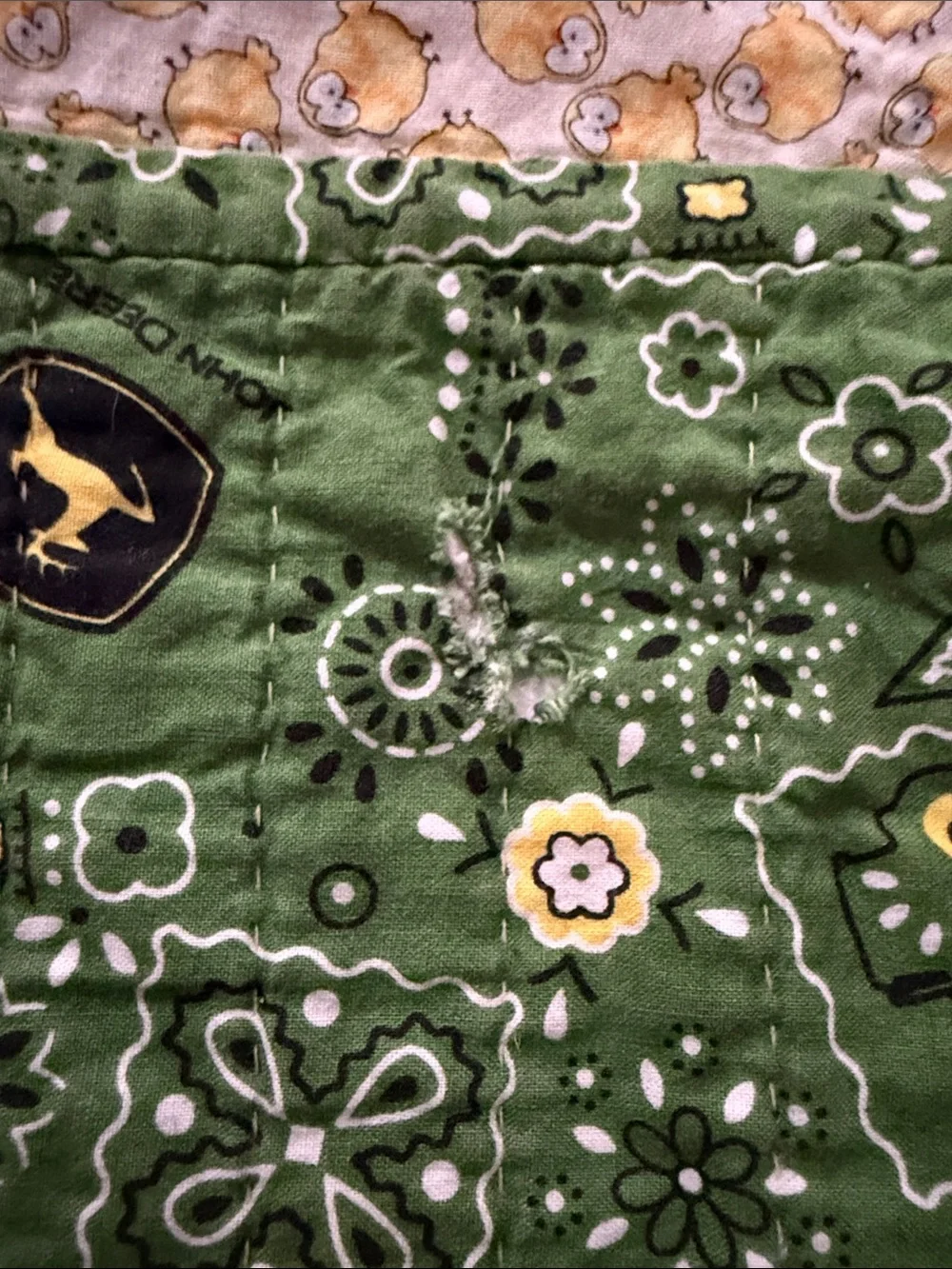 Handmade John Deer Sunflower & Tractor Patchwork Quilt - Green & Yellow